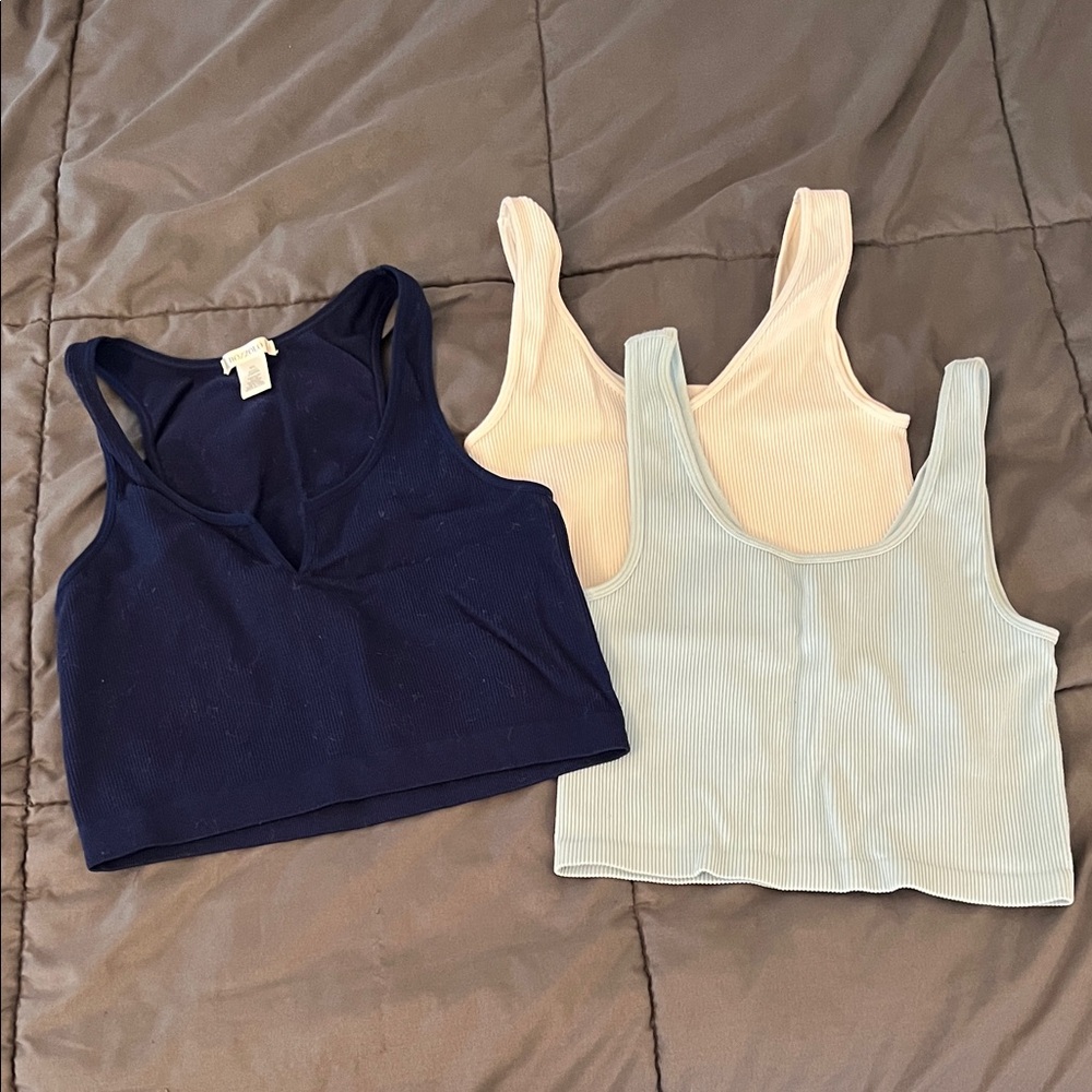 Set of 3 workout layering Crop Tops cotton ribbed  - Navy, Cream, Light Blue